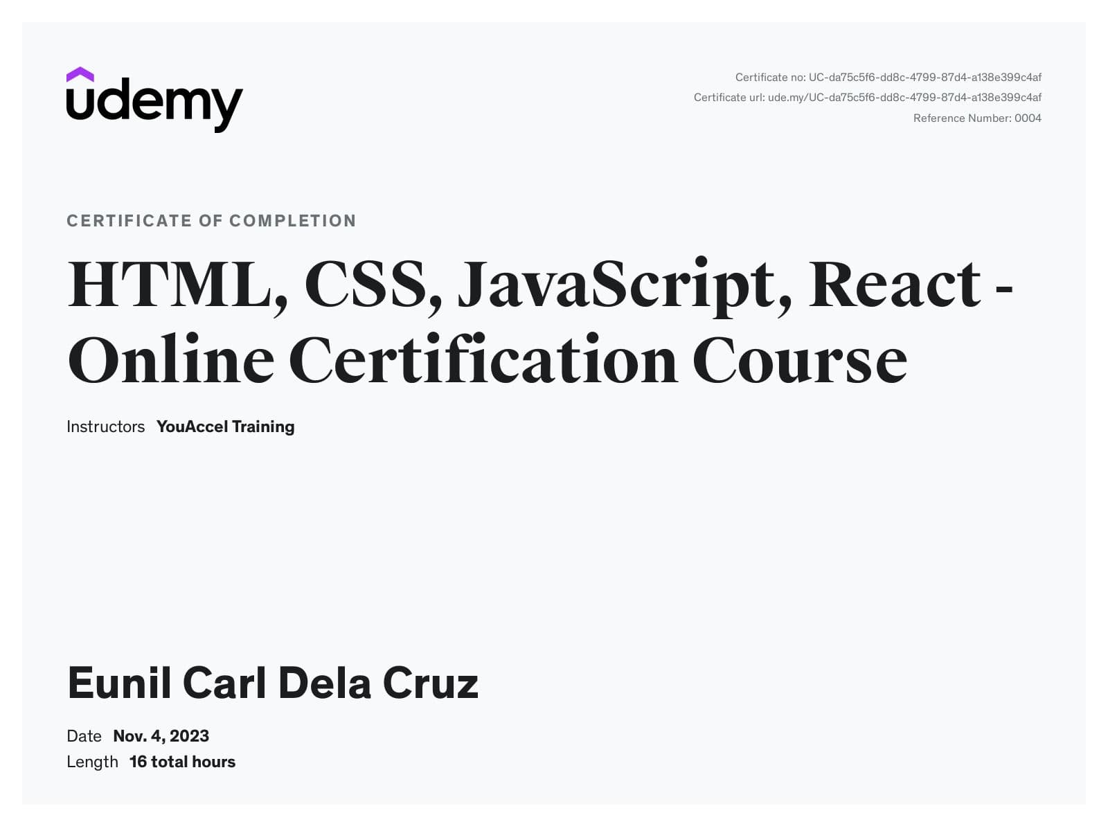 HTML, CSS, Javascript, React Certification